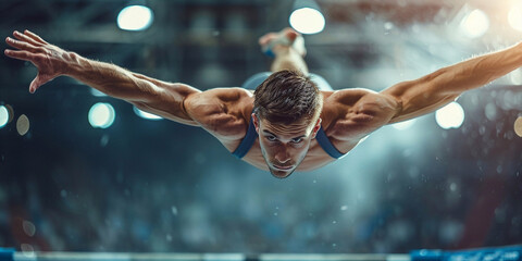 The sportsman performing difficult gymnastic exercise at gym. The sport, exercise, gymnast, health, training, athlete concept. Caucasian fit model