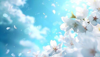 Artistic cherry flowers background with blue sky in the back