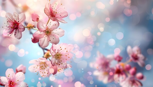 Artistic cherry flowers background with blue sky in the back
