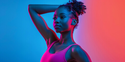 Image of gorgeous pretty young african naked woman posing isolated over purple neon lights wall background - obrazy, fototapety, plakaty