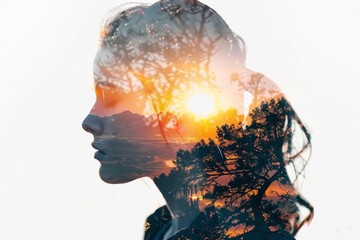Double Exposure Portrait of Woman with Sunset and Trees. - Powered by Adobe