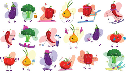 Vegetable characters exercising cartoon illustration set. Happy fit fruit with cute face playing ball, tennis, football, doing yoga, workout, lifting dumbbells, meditating. Sport, gym background	