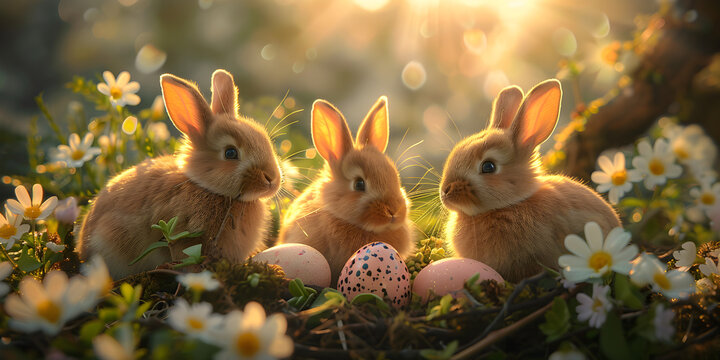 Easter bunny and Easter eggs, Adorable bunny family nibbling on fresh green, 