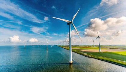 High-quality photo . Windmill park with clouds and a blue sky, wind mill turbines in the ocean