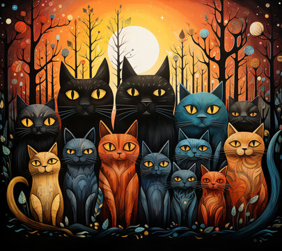 a group of cats in a forest
