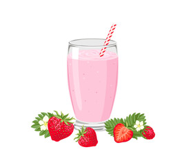 Strawberry smoothie or milkshake in glass with straw. Vector cartoon illustration.