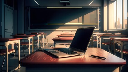 a laptop on table in class room, laptop in class room 