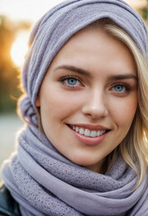 Close up portrait of a young beautiful blonde girl with a dazzling smile, Generative AI