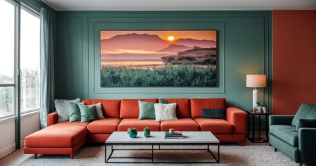 Chic lounge with oversized orange sofa and stunning sunset painting on the wall 