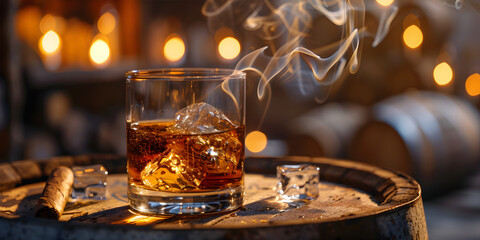 A well poured glass of Scotch whiskey, A glass of whiskey sitting on a wooden barrel, 

