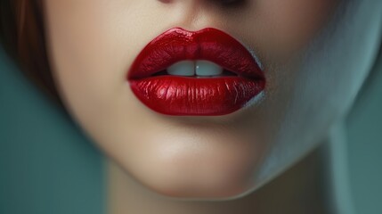 A close-up of a woman's lips, painted in a bold red shade that exudes confidence and classic beauty, set against a muted background to draw focus to the vibrant color.