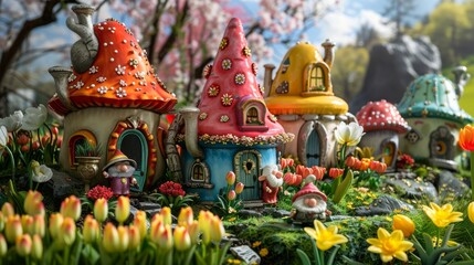 Fantasy-themed fairy garden featuring colorful mushroom houses, playful figurines, and vibrant spring flowers.