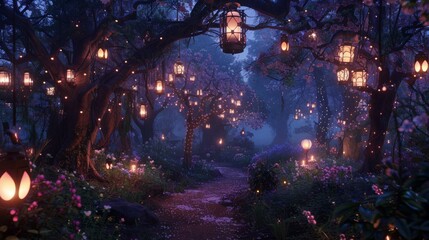 A captivating pathway in a forest, enchantingly lit by lanterns and fairy lights amidst blooming trees at dusk.