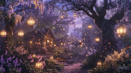 Fototapeta premium A charming cottage garden bathed in twilight, with glowing lanterns hanging from flowering trees, creating a magical atmosphere.