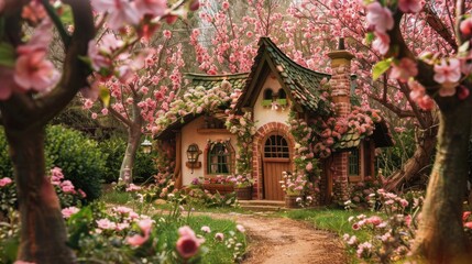 Quaint cottage with a charming thatched roof surrounded by an abundance of pink spring blossoms in a lush garden setting.