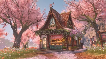 Obraz premium A whimsical bakery nestled among cherry blossom trees in full bloom, creating a scene straight out of a fantasy tale.