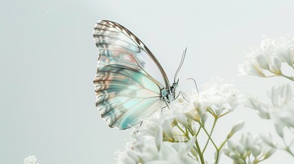 An iridescent butterfly rests on delicate white flowers, its wings shimmering with a spectrum of colors in the soft light.