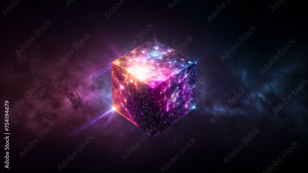 Poster cosmic cube radiating light with nebulae and stars on dark gradient