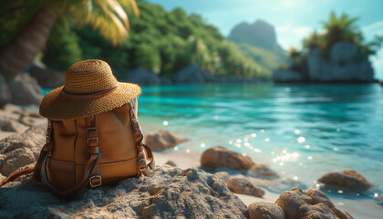 Travel bag, backpack summer hat on the exotic, sandy, stone beach near the transparent blue water of ocean. Travel, tourism, holidays concept