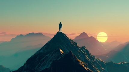 Silhouette of a man on top of a mountain peak at sunset - obrazy, fototapety, plakaty