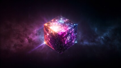 Cosmic cube radiating light with nebulae and stars on dark gradient