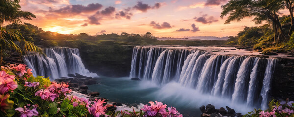 Fantasy landscape with waterfalls, panorama. - 754194803