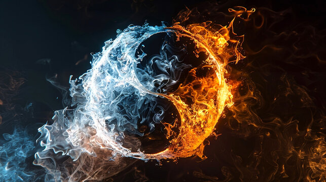 Yin yang symbol with fire an water - Panorama illustration