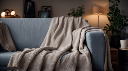 Cozy seating with a warm throw softly draping over the comfortable couch 