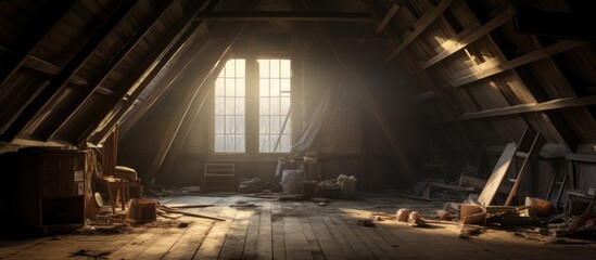 An attic in an abandoned house filled with wooden floors and a large window shedding light into the space. The room appears aged yet sturdy, with the wooden floors showing signs of wear and tear. - obrazy, fototapety, plakaty