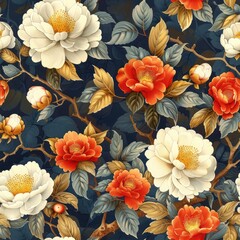 Vintage Charm. Retro Floral Pattern Wallpaper Inspired by Chinese Folk Art, Infusing Traditional Elegance into Modern Interiors.