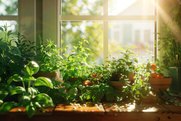 Green and spices in pots at home on the windowsill with sunlight in the background from the window
