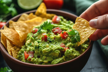 Guacamole freshly cooked in a bowl with chips. A hand waving a chip into guacamole, close up view - Powered by Adobe