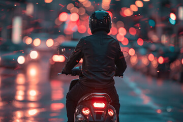 A person dressed in black rides a scooter in the evening with bokeh fires in the background, back view 