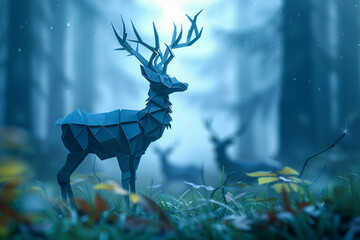 A delicate origami deer standing among a misty real deer herd in an enchanted forest clearing