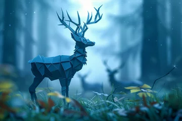 Papier Peint photo Cerf A delicate origami deer standing among a misty real deer herd in an enchanted forest clearing