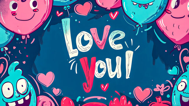 Colorful love you greeting with cartoon balloons