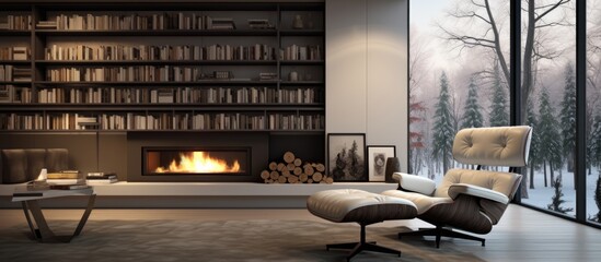 A modern living room featuring a cozy fireplace and a stylish chair, situated next to a bookcase. The room is well-lit and inviting, creating a comfortable and functional space.