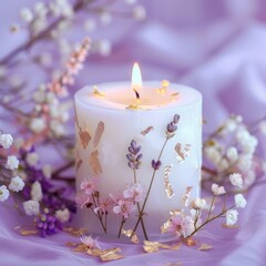 Obraz na płótnie Canvas candle burns with flowers on a purple background.