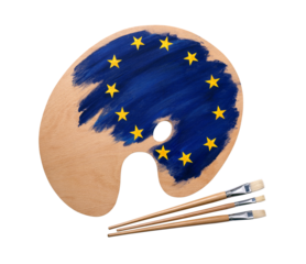 wooden artists palette loaded with european flag paints and brush