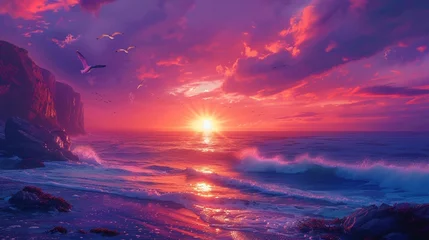 Poster A breathtaking sunset over a coastal cliff, waves crashing against the rugged rocks below, vibrant hues painting the sky with streaks of orange and pink, seagulls soaring overhead © malik