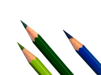 Three colored pencils on white background