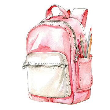 recommend clip art: Isolated watercolor illustration of pink backpack with pencils and pens for students