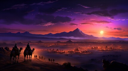 A dramatic desert landscape at dusk, towering sand dunes bathed in warm orange light, a lone camel caravan making its way across the vast expanse, the sky ablaze with hues of pink and purple