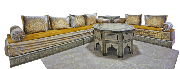 Large moroccan couch with cushions and ornated table isolated