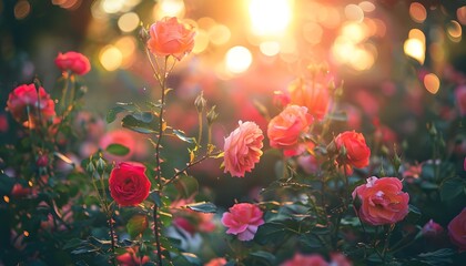 Beautiful rose garden in the early morning light with natural bokeh