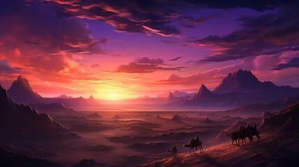 A dramatic desert landscape at dusk, towering sand dunes bathed in warm orange light, a lone camel caravan making its way across the vast expanse, the sky ablaze with hues of pink and purple - obrazy, fototapety, plakaty