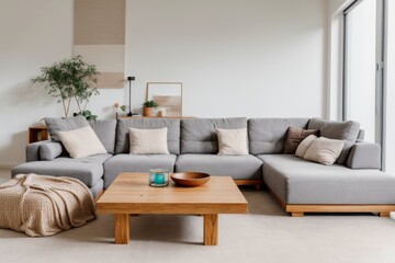 Fashionable living room highlighted by plush sectional sofa, wooden coffee table, and textured accents 