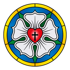 Luther rose, symbol of Lutheranism. Luther seal, expression of theology and faith of Martin Luther, consisting of a Roman cross, over a red heart, in a single white rose over blue, with a golden ring.