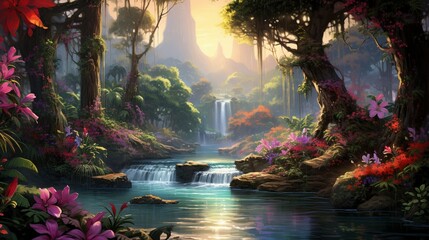 A magical waterfall hidden deep within a lush tropical rainforest, sunlight filtering through the dense canopy, illuminating the cascading water in a mesmerizing display of colors