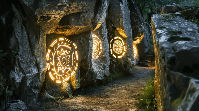Luminescent symbols carved into megaliths by witches illuminating a path for Neanderthals and Bronze Age explorers
